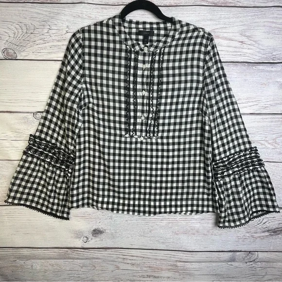 J Crew Gingham Blouse Size 10 Bell Sleeve Ruffles Cotton - Picture 3 of 16